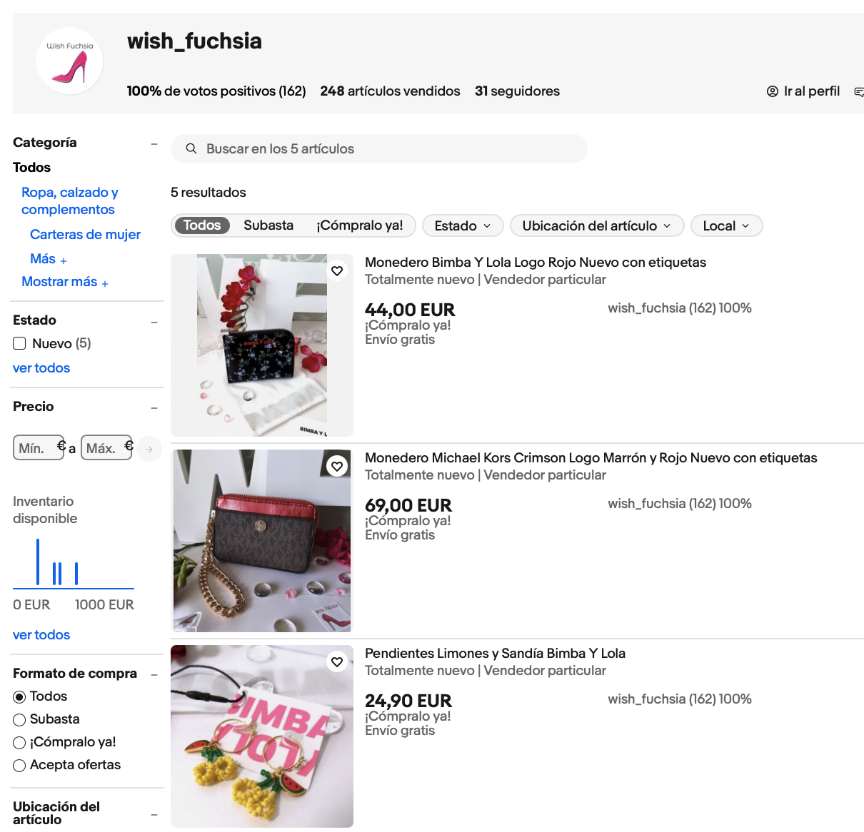 Perfil en eBay de Wish Fuchsia